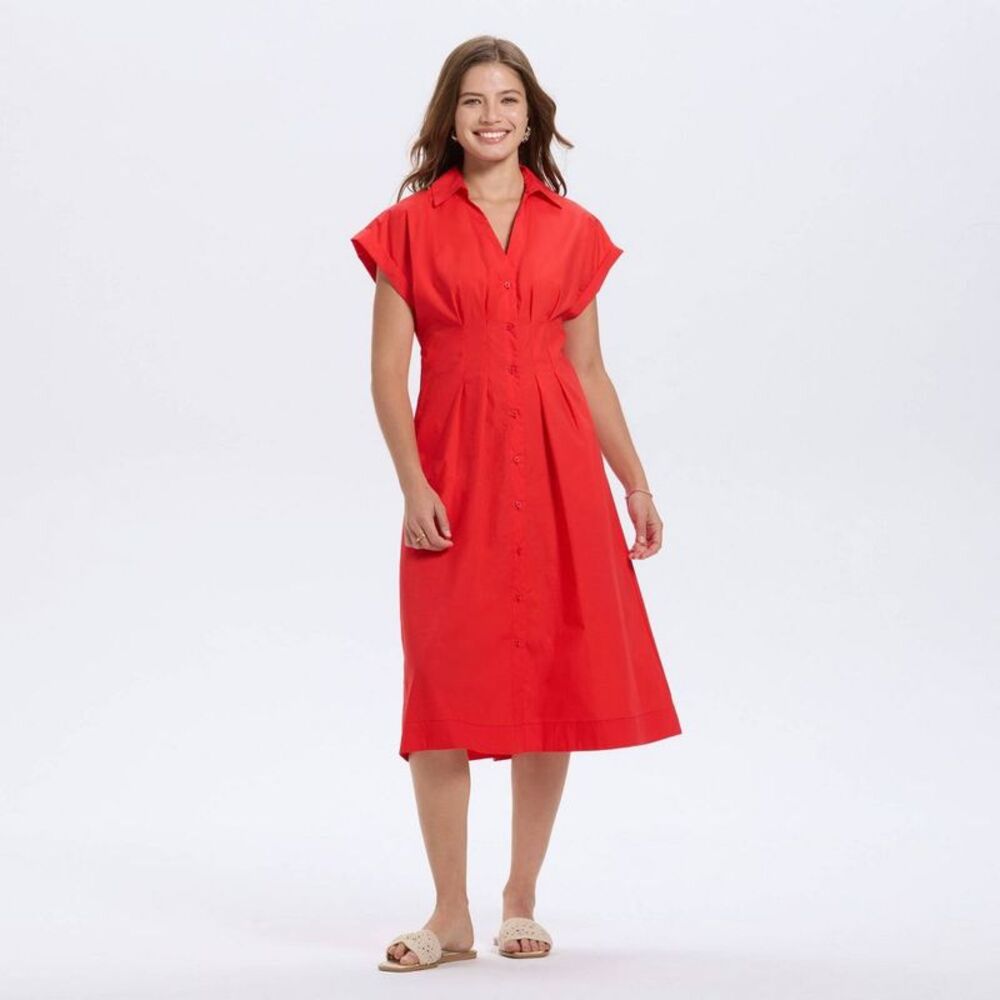 Women's Short Sleeve Pleated Midi Shirtdress - A New Day Geranium Red XL